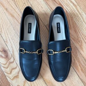Nine West Black Leather Loafers with Gold Hardware